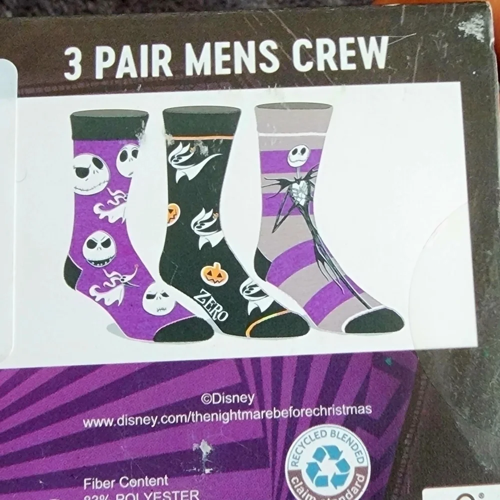New Nightmare Before Christmas ZERO Men's 3-Pack of Crew Socks, Size 8-12